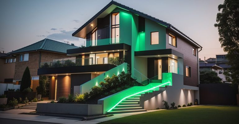 The front of a two-story house illuminated with dim green and yellow lights.